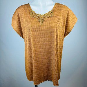 Vintage 1970s Mustard Textured Blouse with Lace Accent Size XL